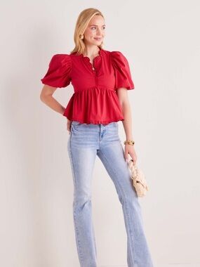 NWOT Avara Ruffle Trim Puff Sleeve Peplum Cotton Top